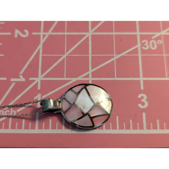 Pink Inlay Mother of Pearl Sterling Silver Necklace Signed M - Picture 7 of 9